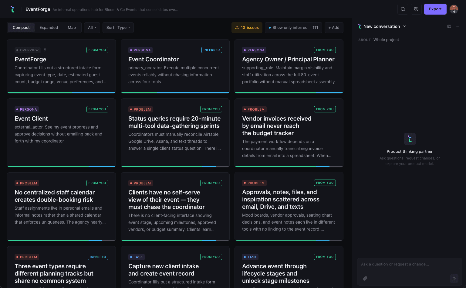 The Tessera workspace: the product model as cards with provenance chips, view toggles, and issue filters