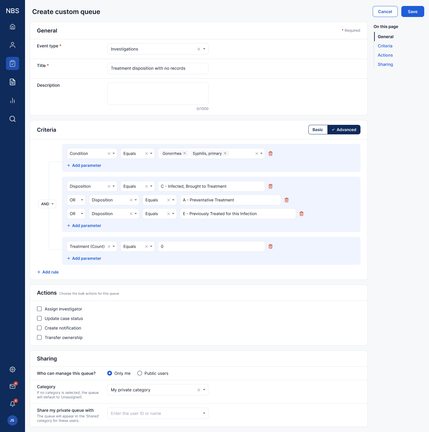 Create queue: event type, criteria builder with and/or groups, columns, actions, and sharing per program area