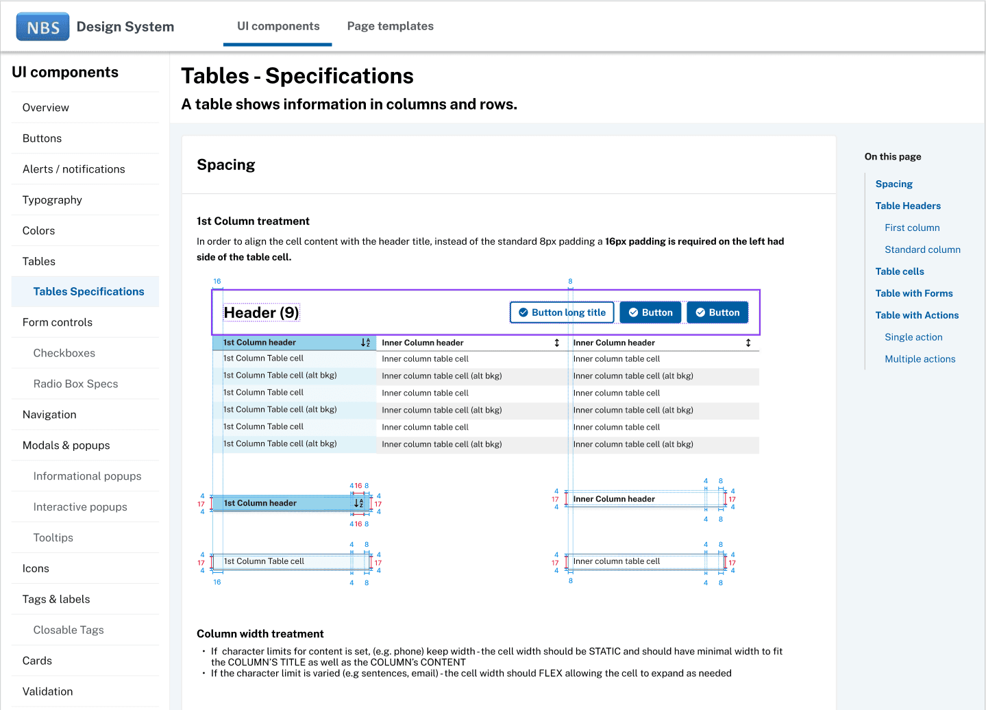 NBS design system documentation: the Tables Specifications page with spacing redlines, column width rules, and component navigation