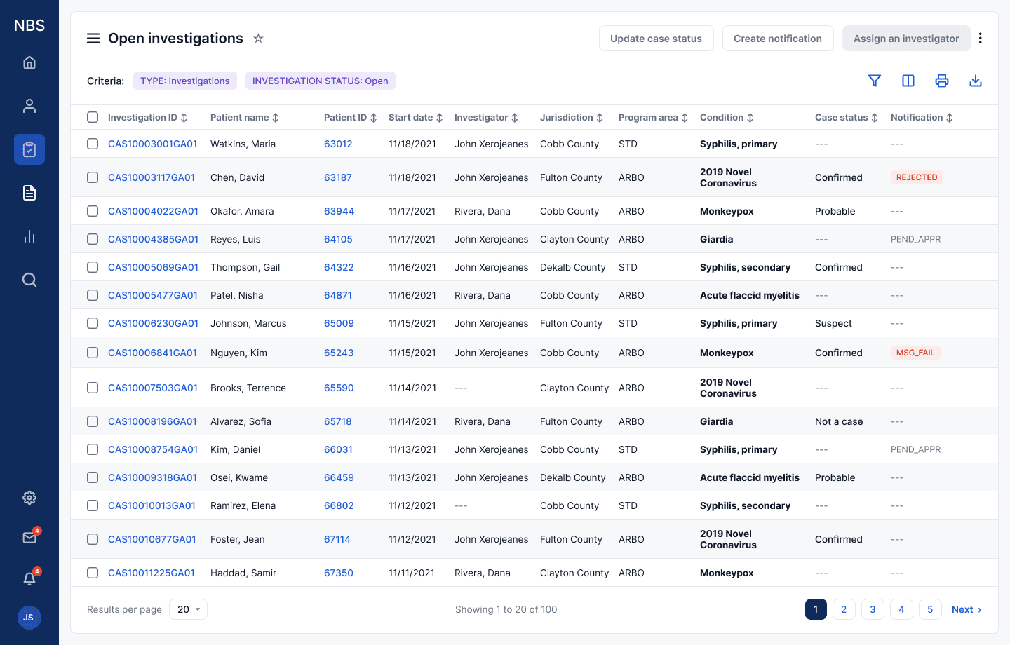 Open investigations, rebuilt: criteria chips visible, clear actions, persistent filter row