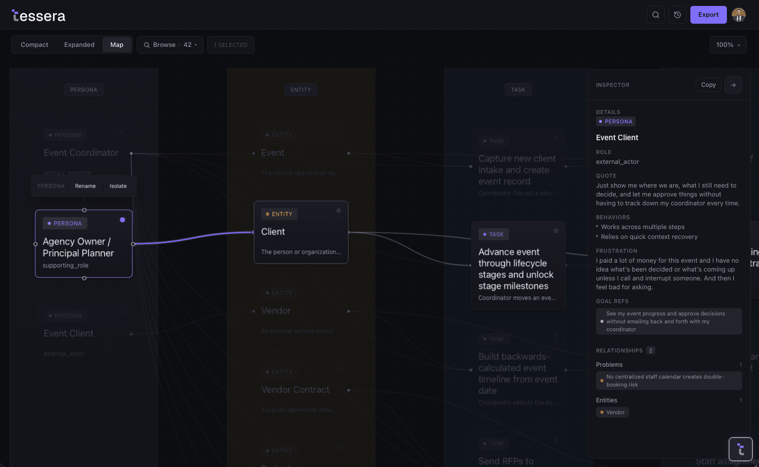 The system map: the model as a read-only graph with a reference inspector panel